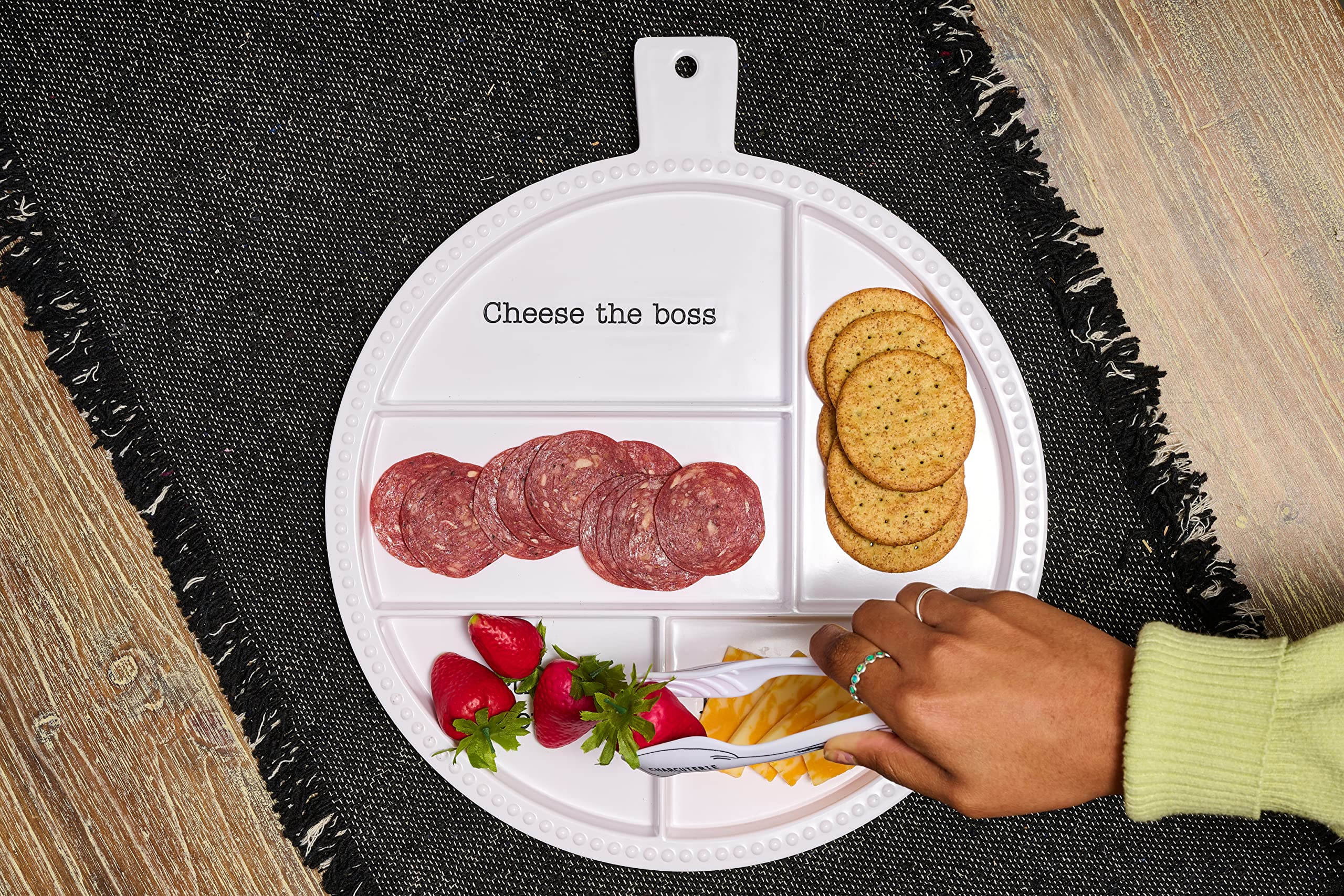 Mud Pie Melamine Charcuterie Board; board 15" x 13" dia | tongs 5 3/4"