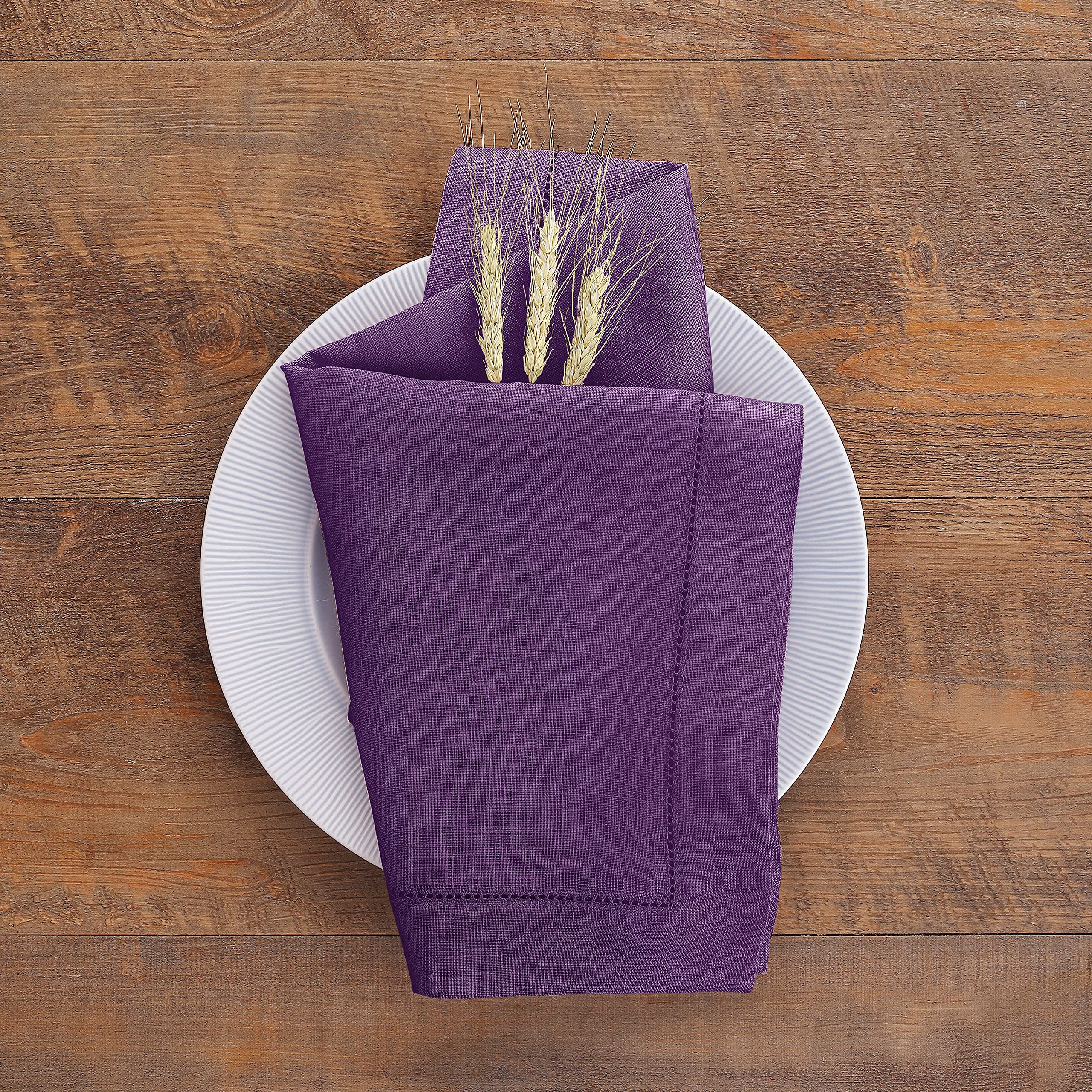 Solino Home Purple Linen Napkins Set of 6-100% Pure Linen Hemstitch Dinner Napkins 20 x 20 Inch for Mothers Day, Spring, Summer - Classic Hemstitch