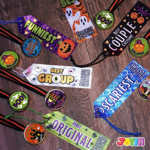 JOYIN 24 PCS Halloween Medals Trophies with Ribbons for Kids Children Party Award Celebration and Spooky Contest Rewards, Halloween Party Favors Supplies for Carnival Game Prizes