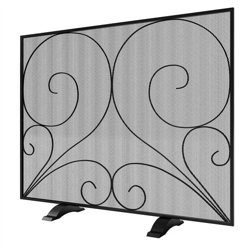 Fire Beauty Single Panel Fireplace Screen Handcrafted Solid Wrought Iron Mesh, Heat-Resistant Fire Spark Guard for Fireplace-Black
